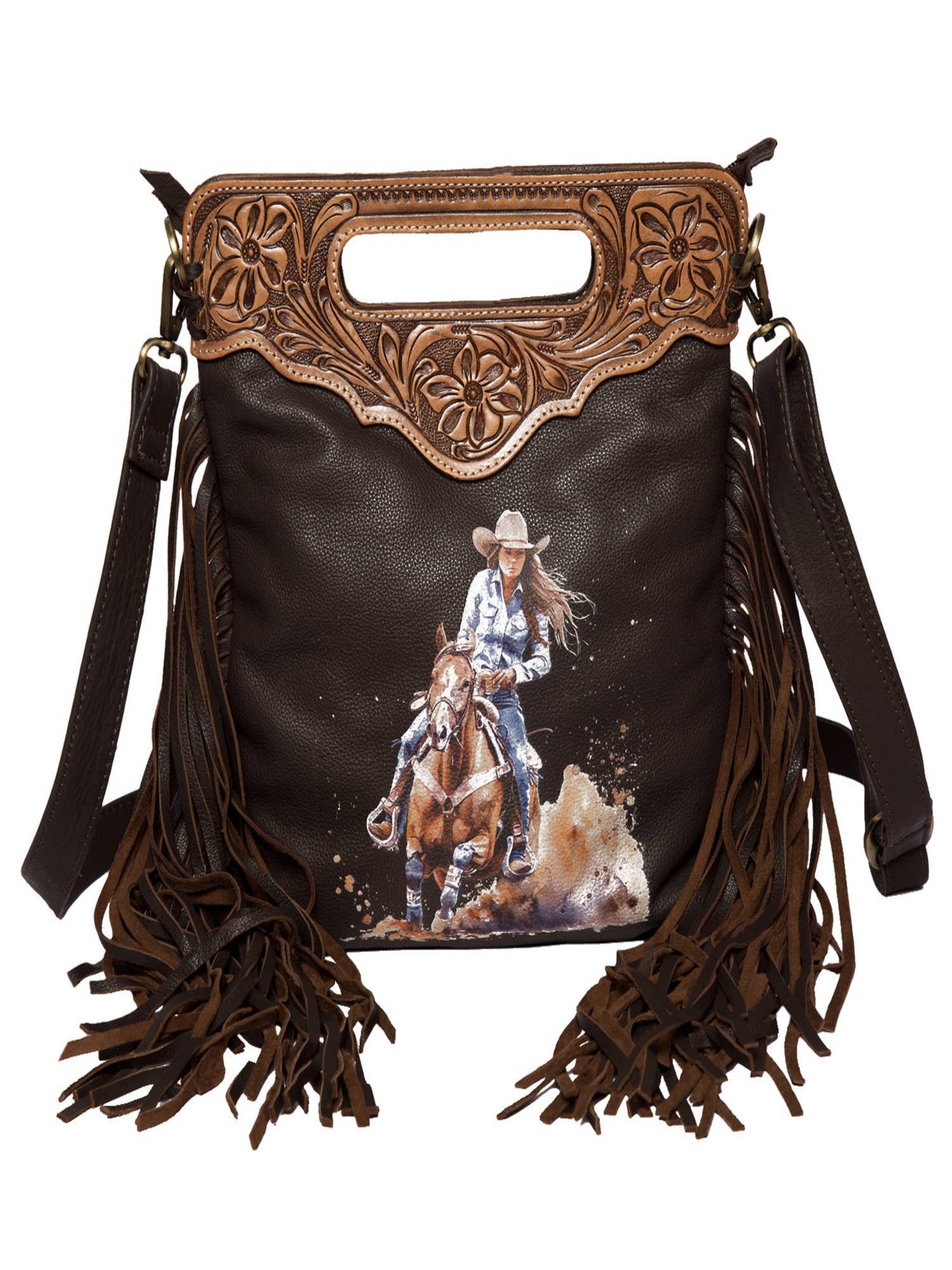 Tooling Lthr Sling with Girl on Horse Paint