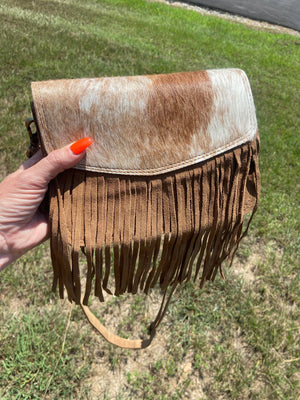 Cowhide and Tan Suede Fringe Western Purse, Crossbody