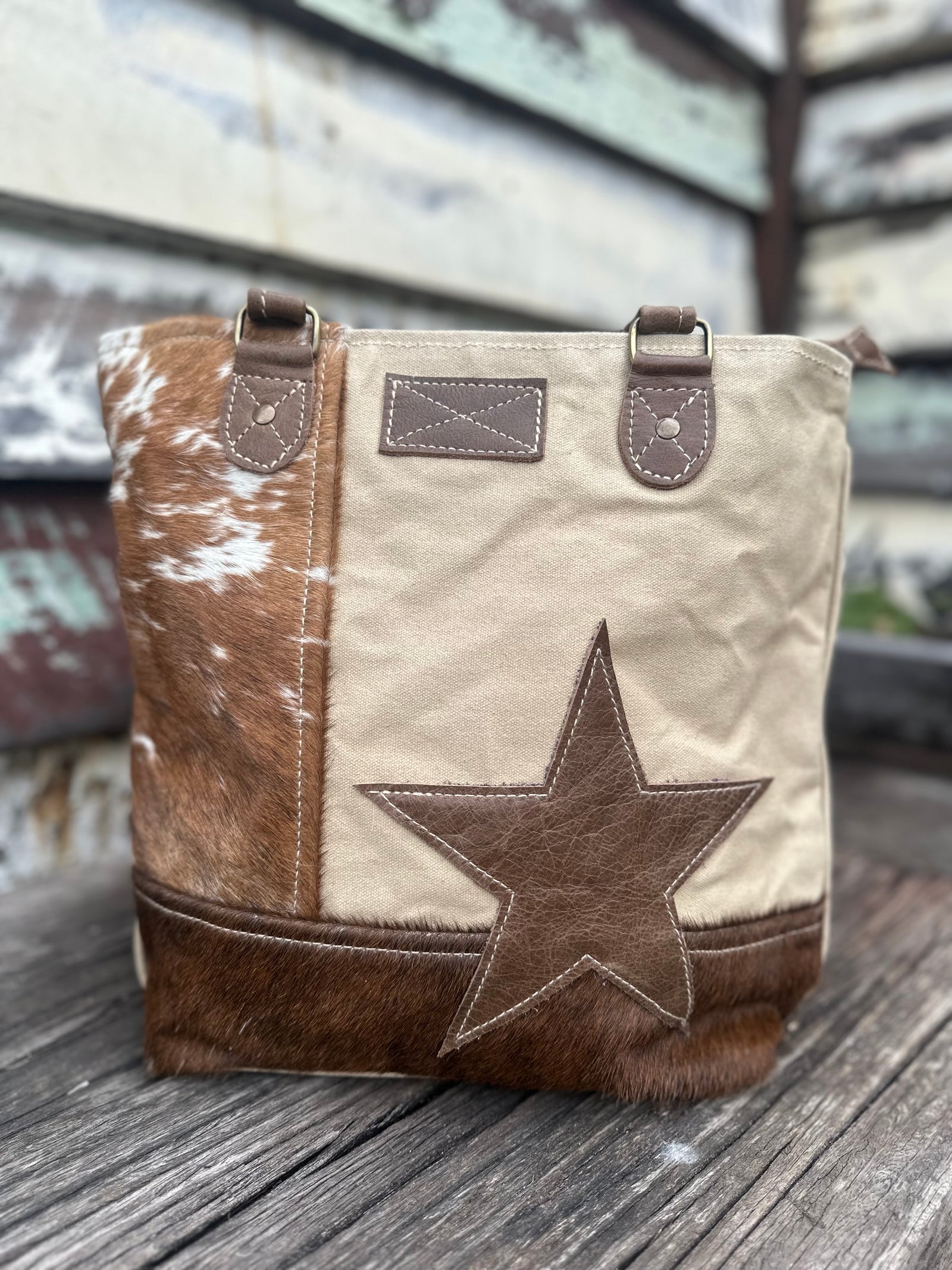 Star With Cowhide Canvas Tote