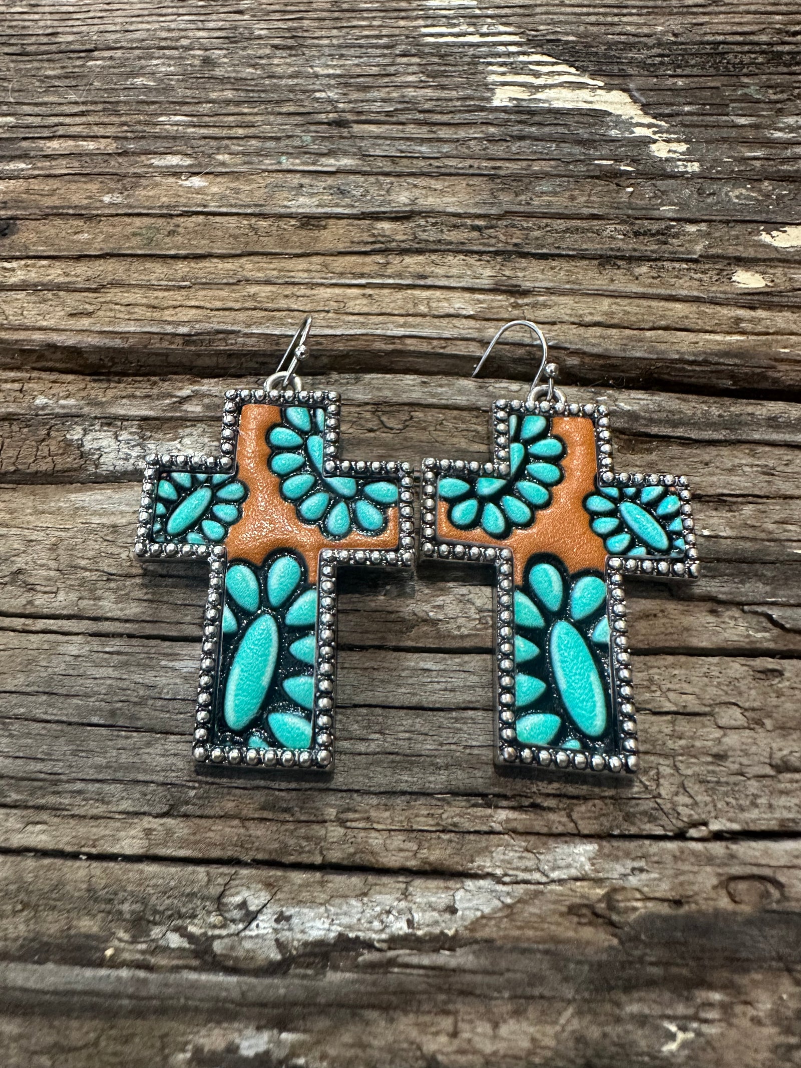 Tooled Leather Cross Turquoise Earrings