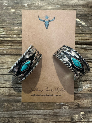 Aztec Diamond C Hoop Wide Earrings Turquoise