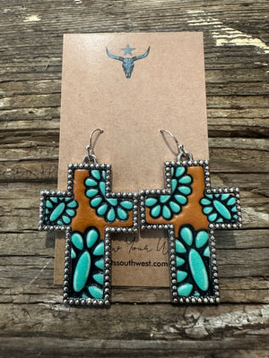 Tooled Leather Cross Turquoise Earrings