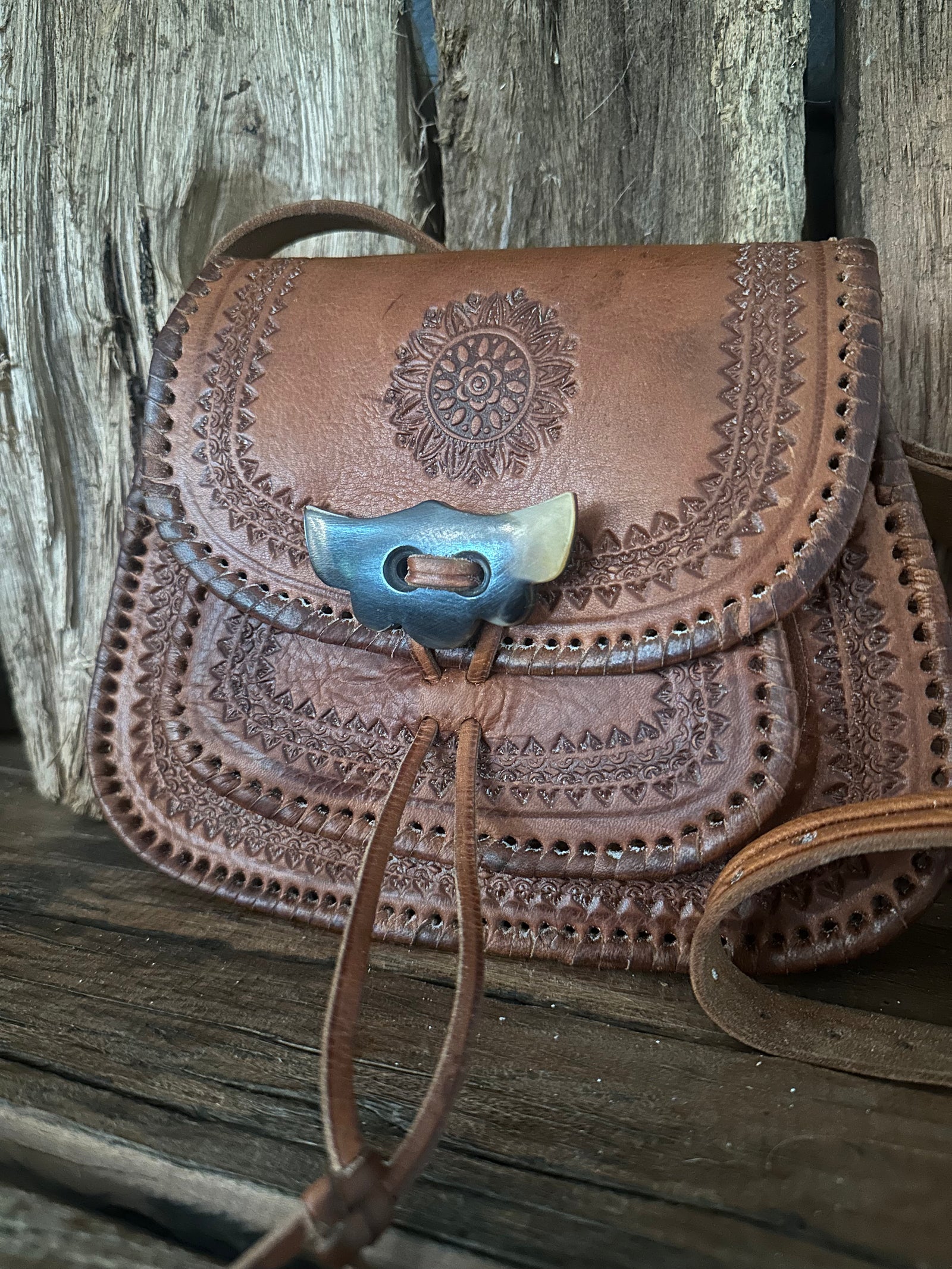 Vintage Hand-Tooled Leather Crossbody Bag