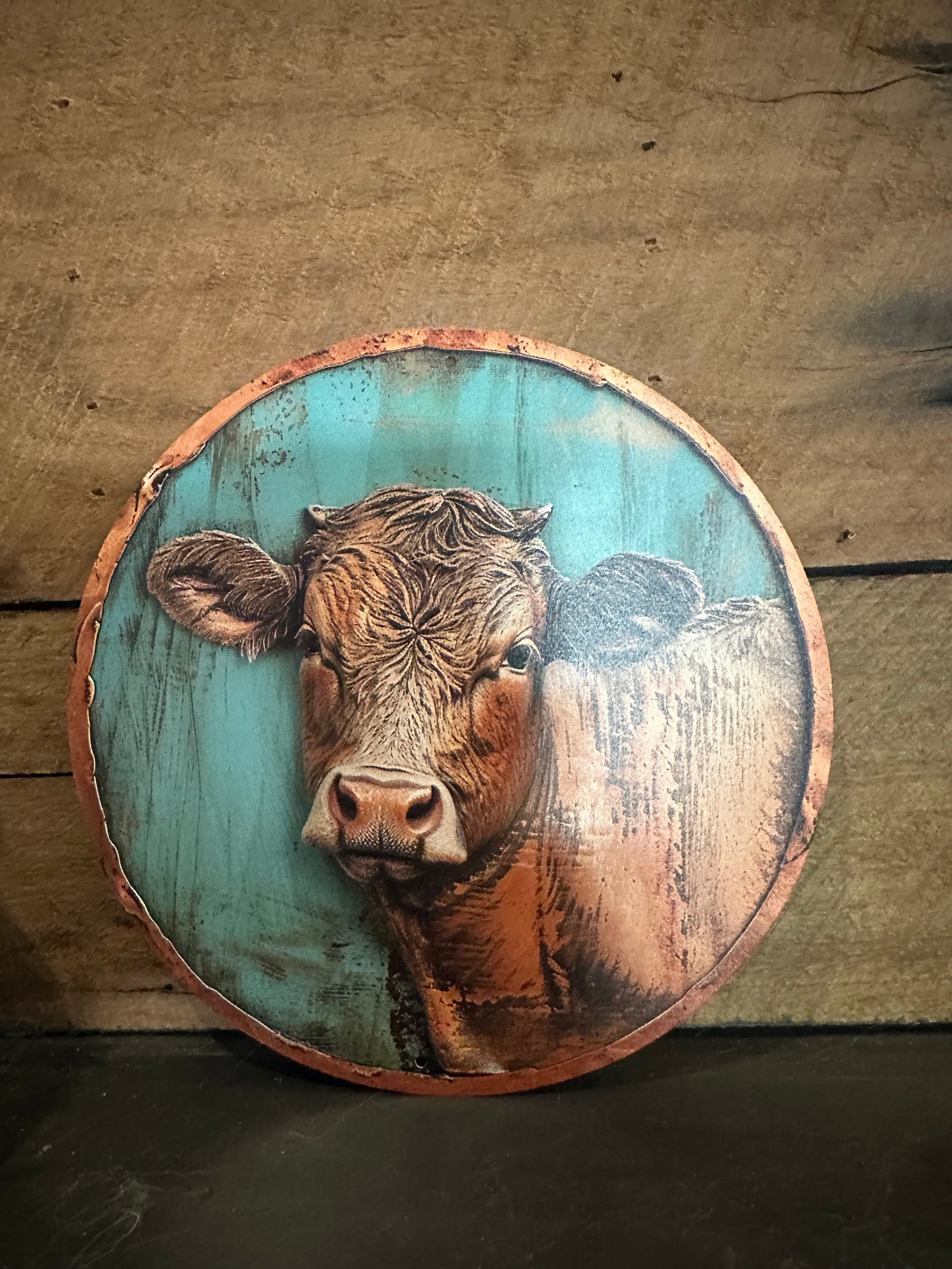 Round Tin Sign Cow