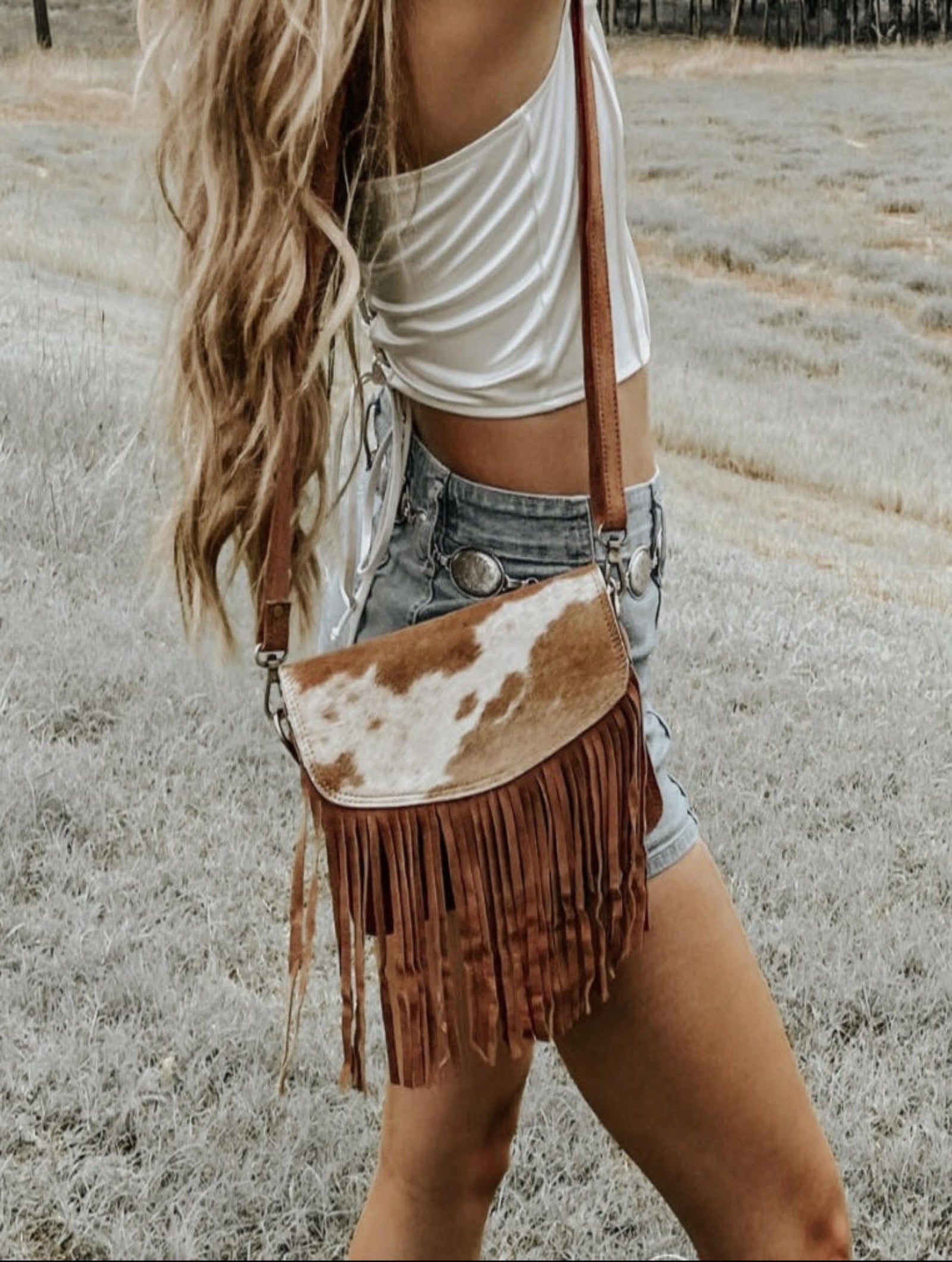 Cowhide and Tan Suede Fringe Western Purse, Crossbody