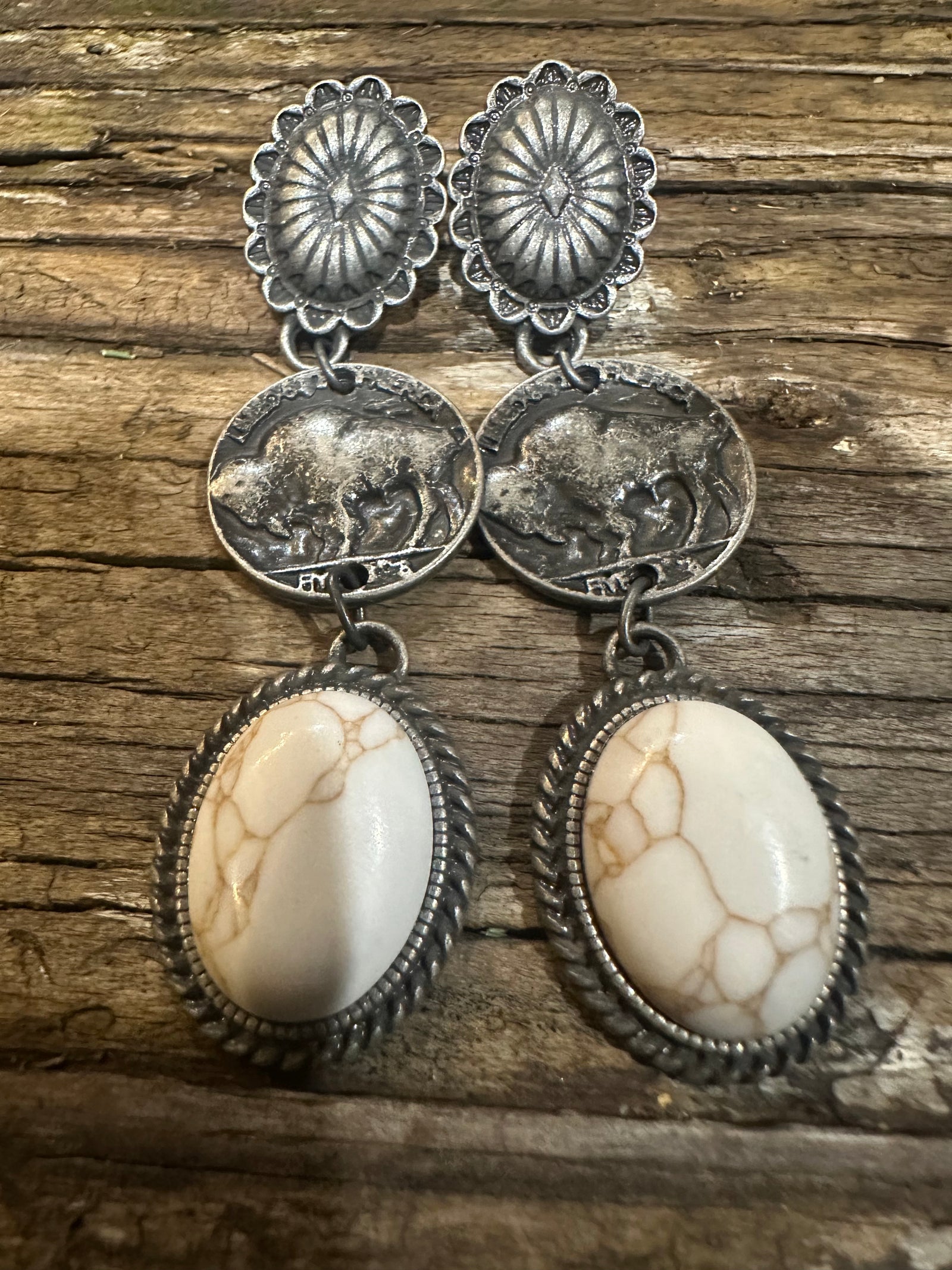 Buffalo Coin Earrings White Stone