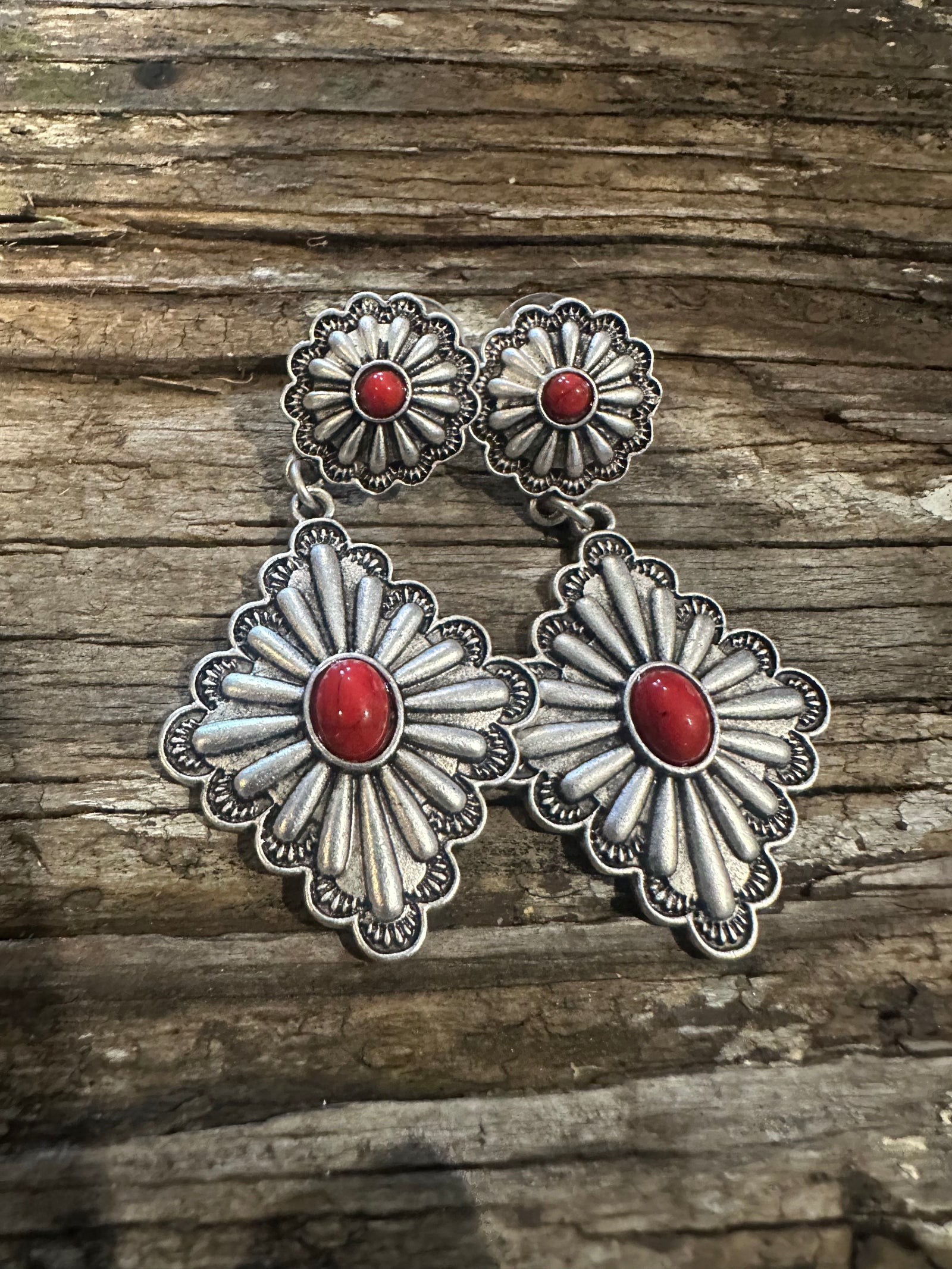 Silver Conchos with Red Stones